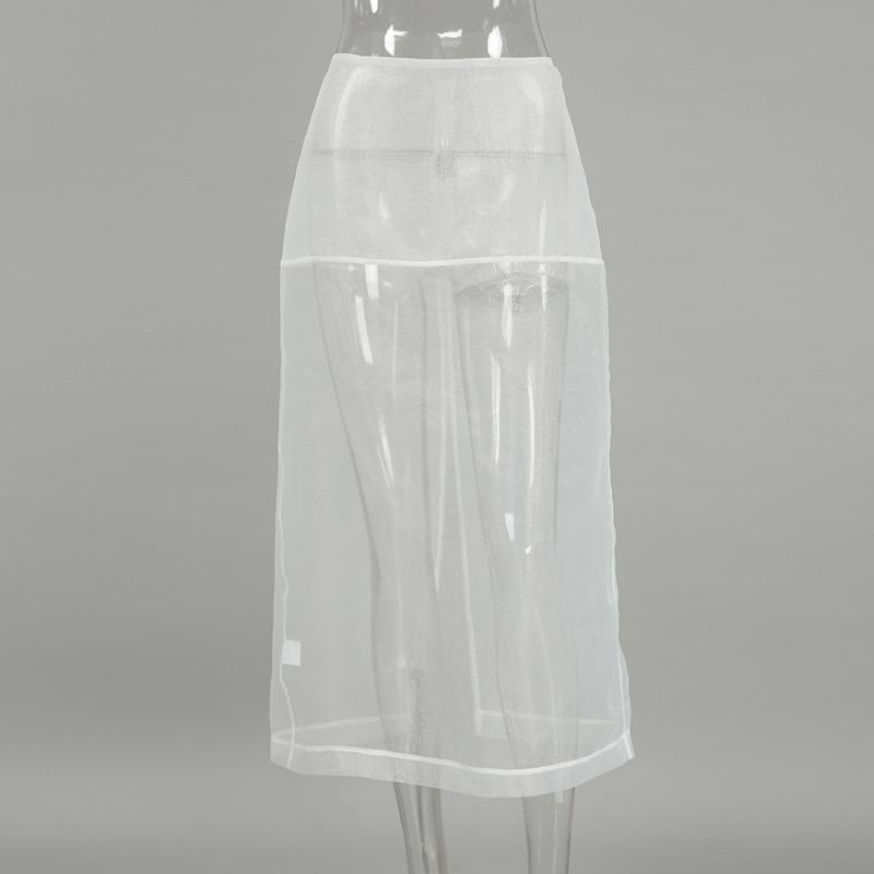 Fustă Sexy din Plasă Transparentă Femei Alb Talie Înaltă Fantă Largă Fuste Lungi Toamnă Modă de Stradă Club Petrecere Fustă Femeie