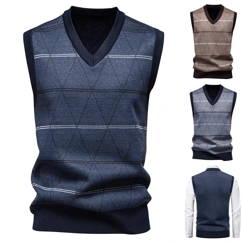 Men's V-neck Knitted Sweater Warm Autumn Winter Diamond Grid Twisted Flower Casual Fashion Versatile Knit Top