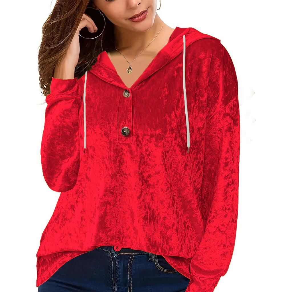 Ladies' Loose And Comfortable Gold Velvet V-neck Dawstring Hooded Button Up Oversized Top