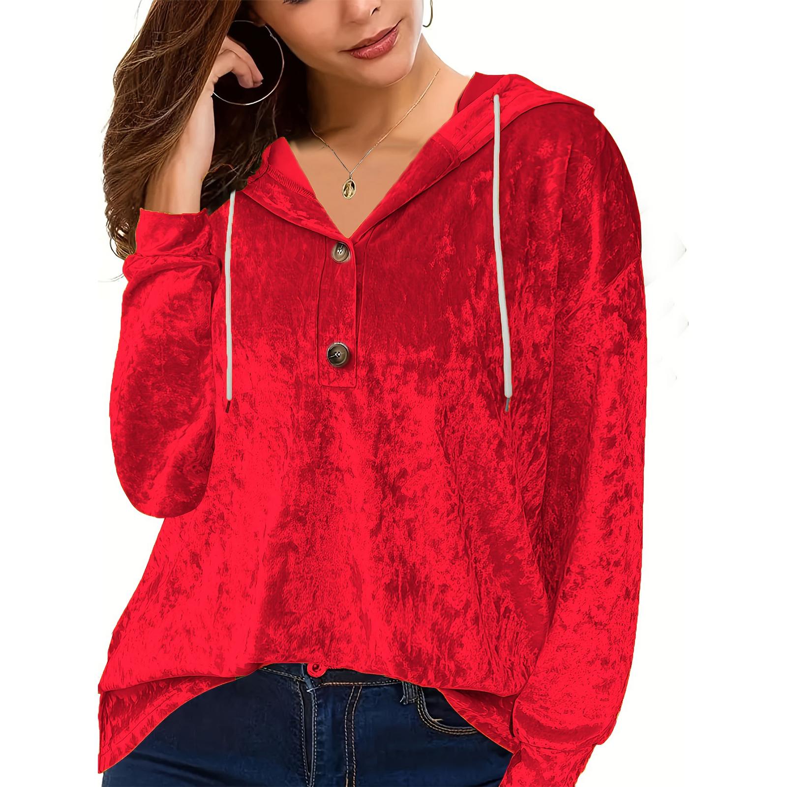 

Ladies Loose And Comfortable Gold Velvet V-neck Dawstring Hooded Button Up Oversized Top XL червоний