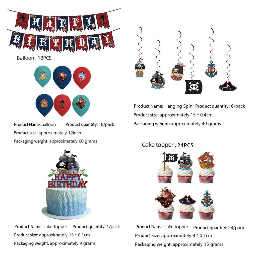 Pirate Ship Sailing Birthday Party Decor Set: Flags, Balloons & Cake Toppers