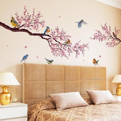 Pink Peach Blossom Flowers Branch Birds Floral Wall Stickers for Bedroom Living Room Furniture Background Wall Decals Murals PVC