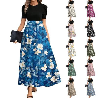 Women's Fashionable Casual Belt Short Sleeved Round Neck Print Elegant Temperament Dress