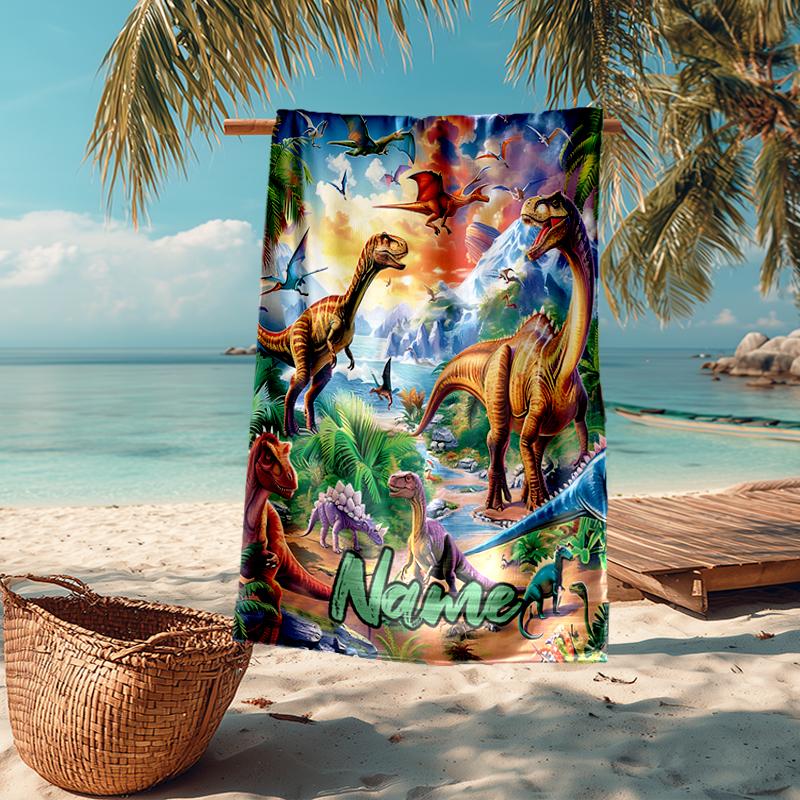 Personalisierbares Ultra-Weiches Strandtuch mit Dinosaurier-Thema, Ideal für Pool - Camping, Tauchen - Perfekter Reisebegleiter, Lebendiges Strandtuch.