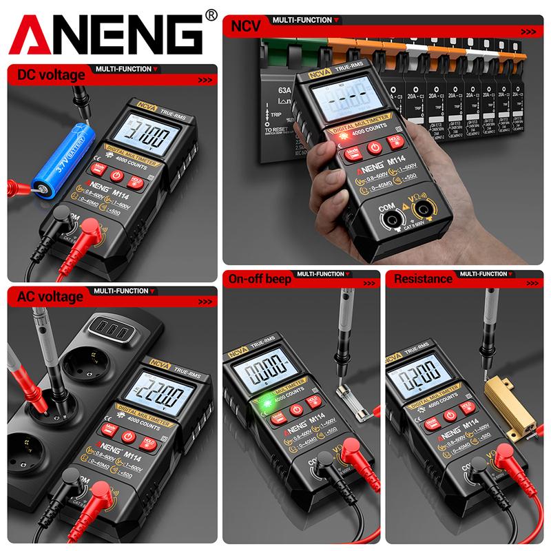 ANENG M114 Smart Multimeter 600V AC/DC Voltmeter 4000 Counts NCV Resistance Tester with Buzzer Data Hold Auto Shutdown