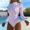 Women Long Sleeve One Piece Swimsuit Zip Front  Flowers  Print Rash Guard Surfing Bathing Suit
