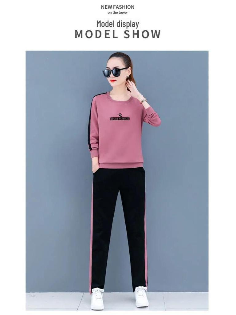 Women's Large Size Spring/Autumn 2025 Stylish Two-Piece Sports Suit - Sweater and Trousers