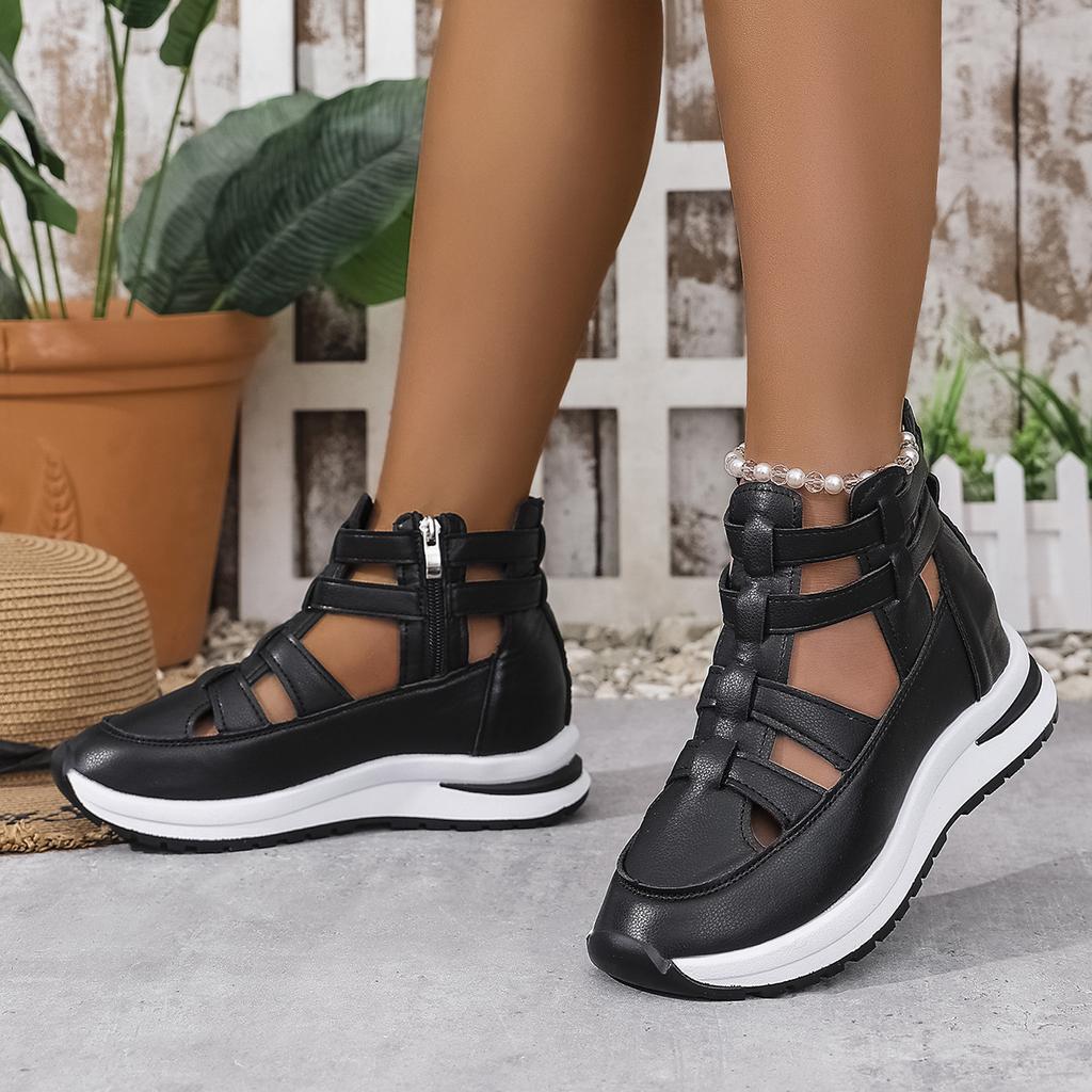Foreign trade large size thick sole heightened wide strip hollow sandals 2025 summer new round head casual women's shoes