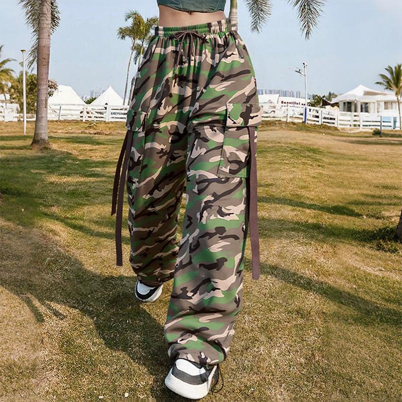 ZANZEA Women Casual Elastic Waist Loose Camouflage Print Cargo Pants