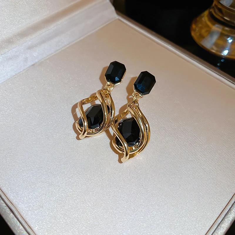 Korean Emerald Crystal Dangle Earrings for Women Trendy Gold Hollow Stud Earring Birthday Gifts Pendientes