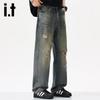 izzue it Men's Vintage Distressed Ripped Straight-Leg Jeans