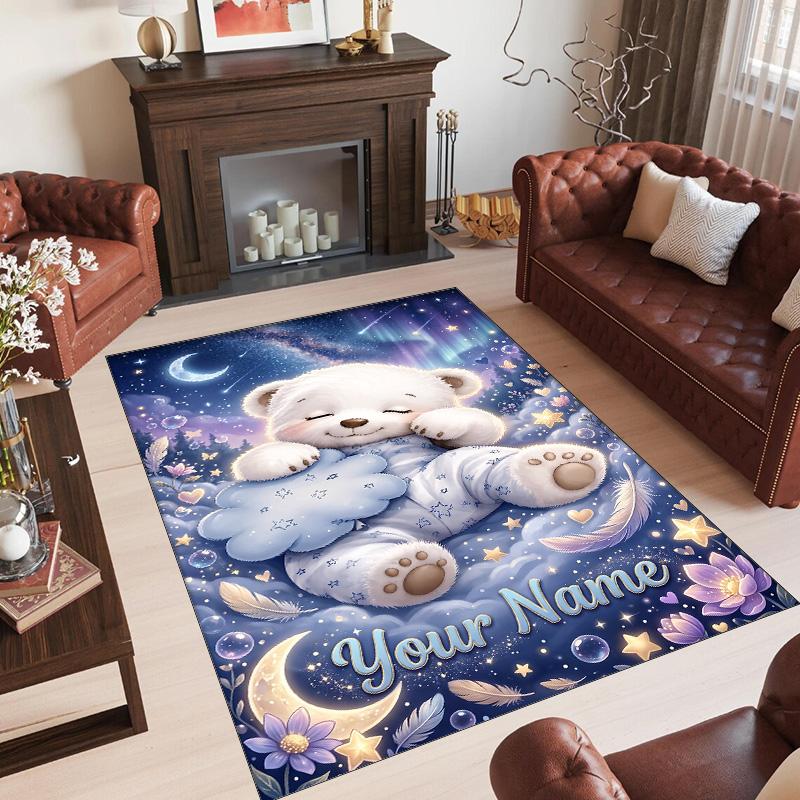 Teddy Bear Theme Crystal Velvet Rug Personalized Custom Name Text Soft Floor Mat Home Decor