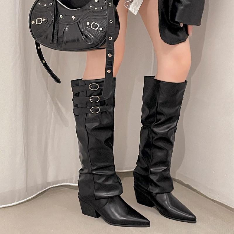 Fashion Women Knee High Boots Sexy Pointed Toe Heeled Shoes Elegant 2025 Winter Trend New Fashion Chelsea Boots Woman Chunky Pumps Mujer