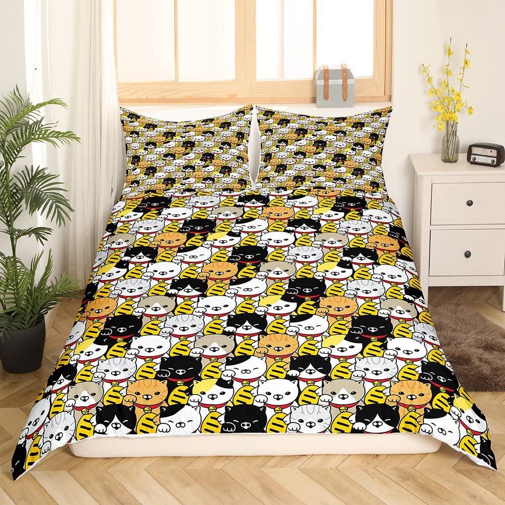 Maneki Duvet Cover Set,Japanese Lucky Cat Duvet Cover Neko Gold Coin Japanese Style Cute Bedding Set Cat Comforter Cover 2/3pcs