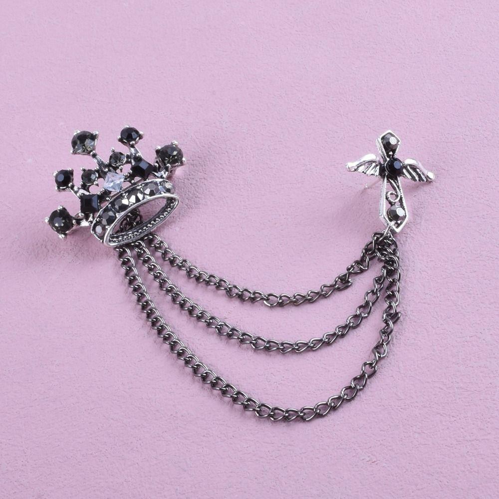 Rhinestone Crown Tassel Brooch Cross Suit Collar Pin Unique Suit Lapel Pin Male Charm