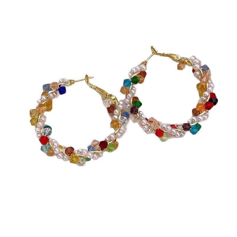 Colorful Dopamine Hoop Earrings For Women New Wrapped Beaded Earcuffs Large Circle Earrings Unique Chunky Threader Ear Jewelry