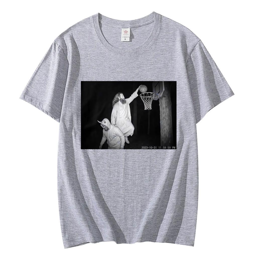 Jesus Dunking Trail Cam Funny Religious Meme Tshirt Fashion Vintage Short Sleeve T Shirts Unisex Casual Loose Cotton Tshirts
