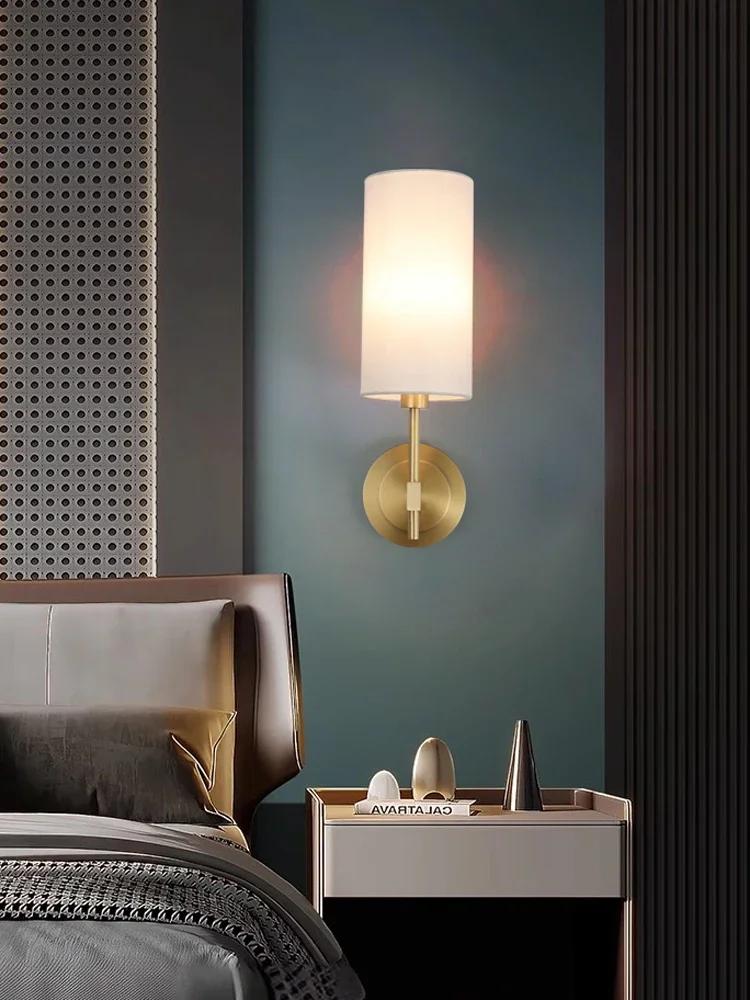 European simple all copper wall lamp cloth art American villa living room dining room bedroom bedside lamps into the hallway