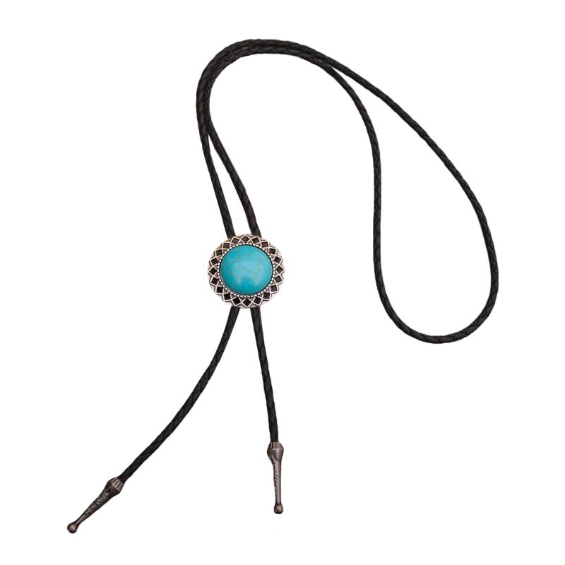 Bolo Tie for Women Men Western Bolo Tie Vintage Metal Flower Trim Stone Pendant Faux Leather Rope Necktie Tie Necklace