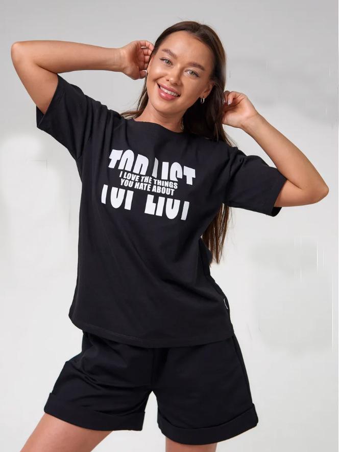 European-American Summer Casual Home Shorts Set - Letter Print Pullover & Short Sleeves