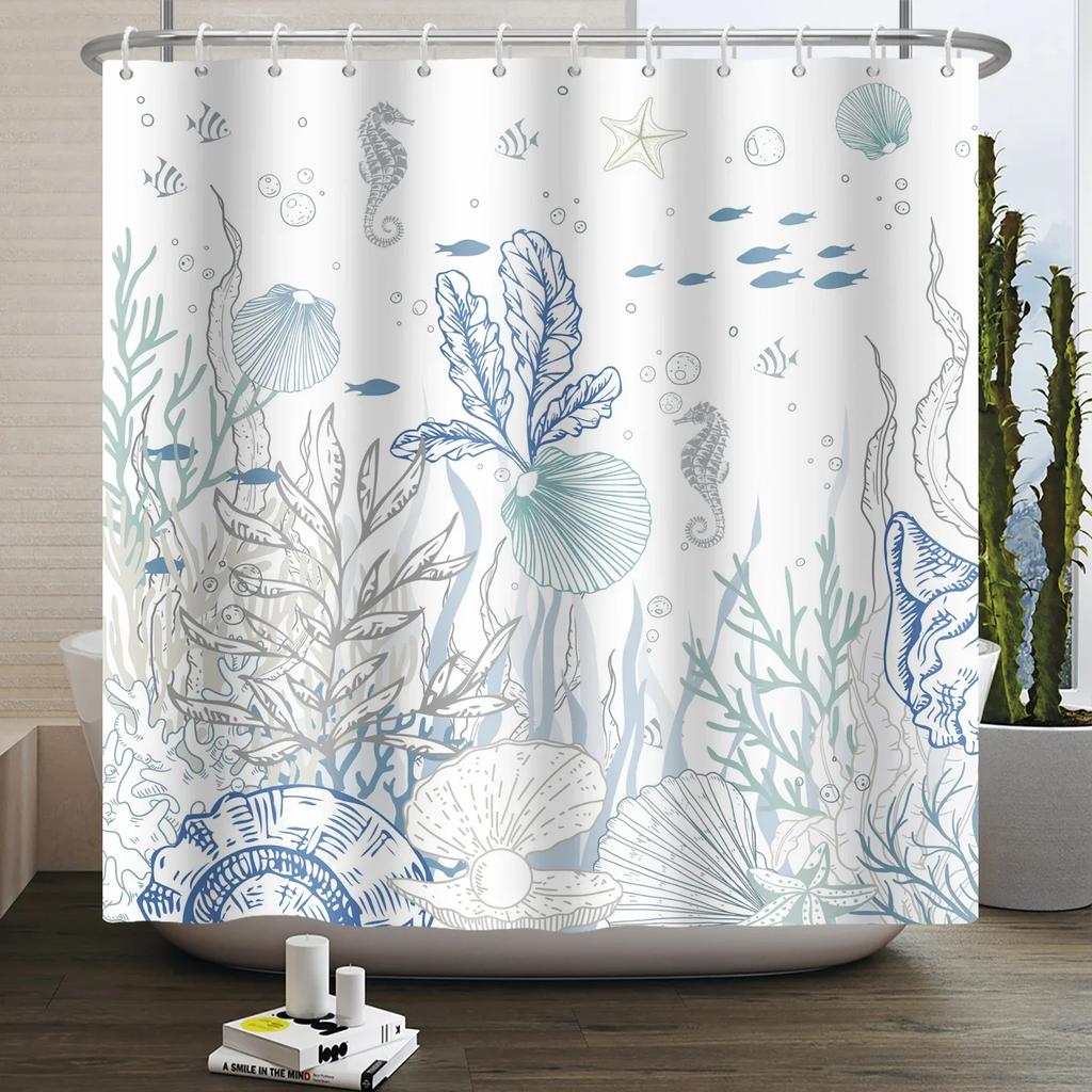 Nautical Coastal Shower Curtain Starfish Coral Seashell Beach Ocean Bathroom Curtain Underwater Marine Waterproof Bath Curtain
