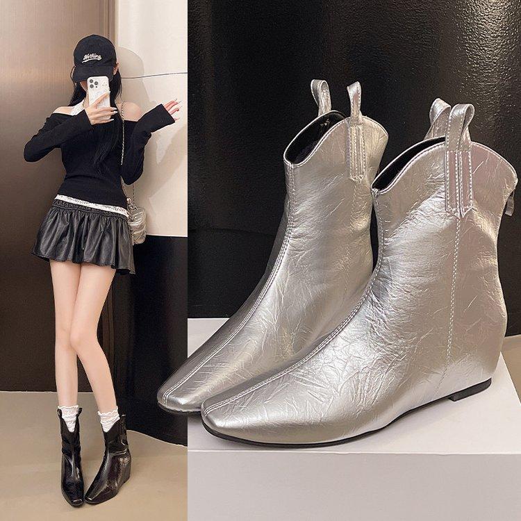 Silver Martin boots women's new pointed inner heightening zipper slim boots women's boots V-mouth short Chelsea boots