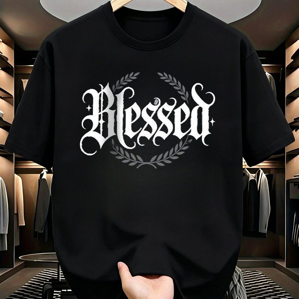 Male Graphic T Shirt Gothic Font Blessed Print Short Sleeve Crew Neck