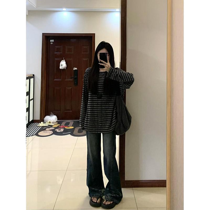Women's Loose Fit Korean Color Block Stripe T-shirt - Early Autumn 2025