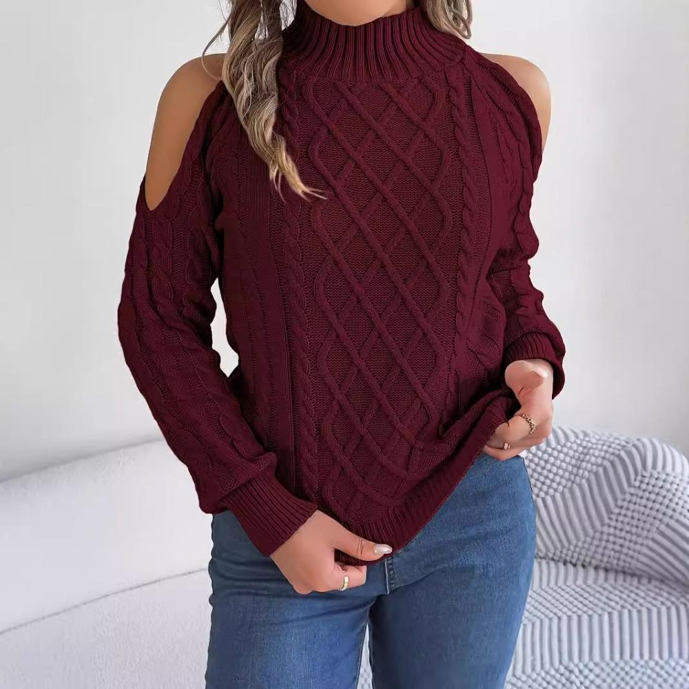 Women's Knitted Sweater Autumn/Winter Top Casual Cable-Knit Off-Shoulder Half-High Neck Long-Sleeved Pullover Women's Wear