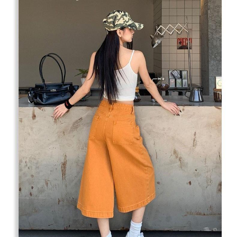 Summer Orange Wide Leg Pants Women High Waist Loose Fit Casual Cropped Jeans