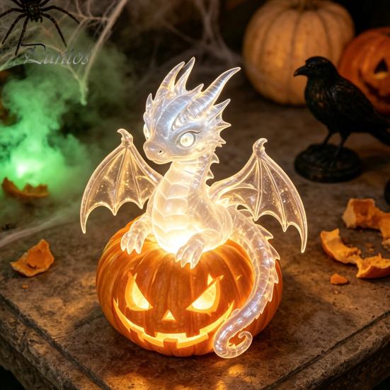 Handmade Three Dimensional Figures Halloween Pumpkin Night Light, Resin LED Dragon Tabletop Lamp, Witch Collectibles for Lovers Hat Black Cat