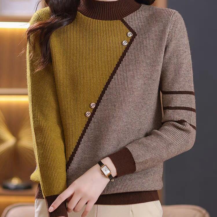 Maglione a collo alto a contrasto per donna da indossare in autunno e inverno. Nuova maglia base ispessita per l'inverno.