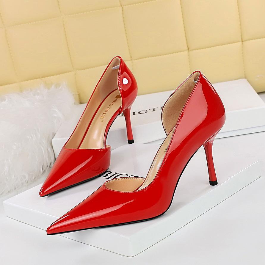 8cm Style Fashion Simple High Heels Women's Shoes Thin Heels High Heels Shallow Mouth Pointed Side Hollow Patent Leather Single Shoes Women