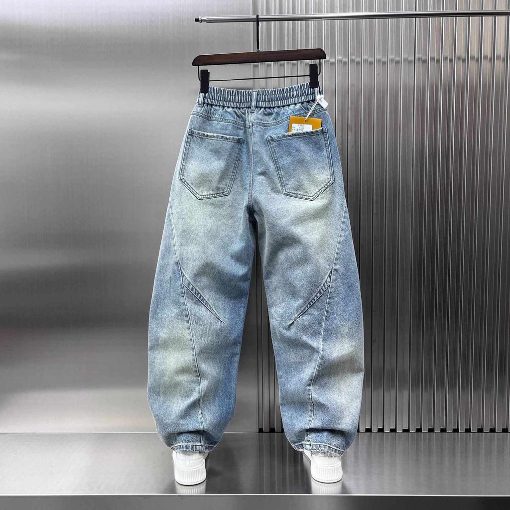 Drawstring Splicing Retro Washed Jeans Men's Korean Handsome Pants Spring Autumn Work Pants Men