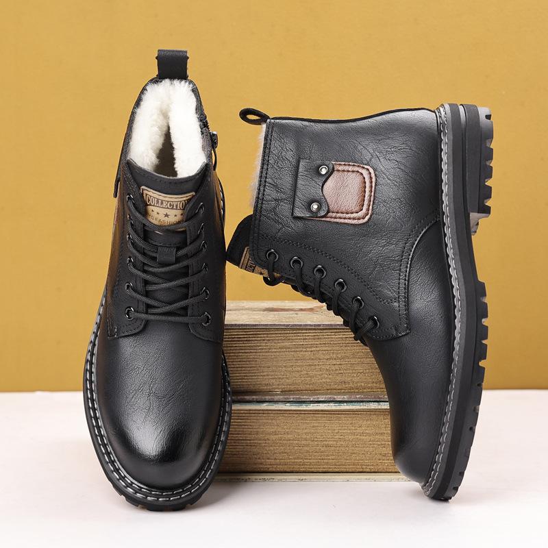 Fashion men's boots Thickened Martin boots men's leather high-top men's cotton boots British tooling boots Warm non-slip snow boots