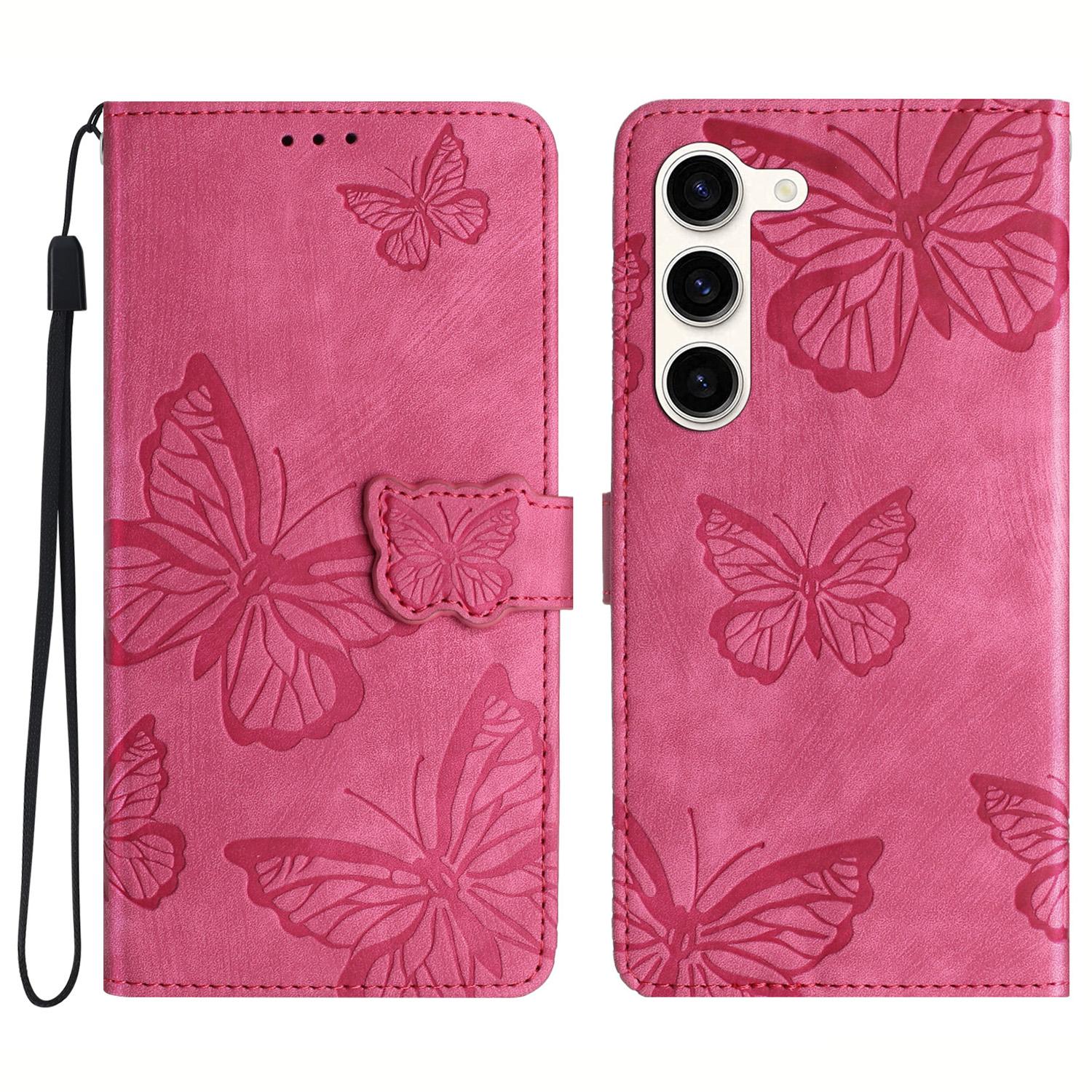 

For Samsung Galaxy S23 Protective Leather Case Butterfly Imprinted Skin-Touch Phone Cover with Wallet Rose