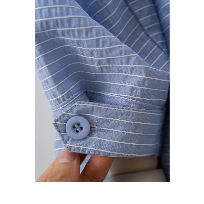 Spring Women's Shirt Medium To Long Length Flip Collar Long Sleeve Over Striped Shirt for Women