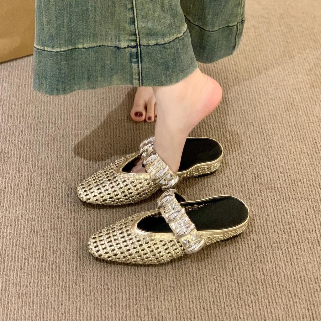 Shining Galaxy~ Rhinestones inner height increase baotou half slippers children wear new fishing nets hollowed out silver sandals in summer