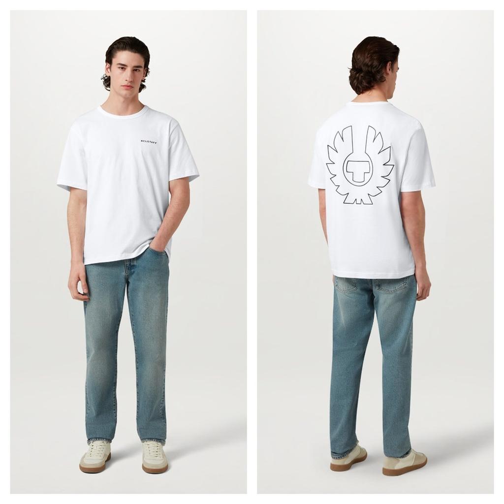 Belstaff Logo Double Sided Print T-Shirt, British Motorcycle Heritage Unisex White Casual Tee, Minimalist Streetwear, Everyday Wear