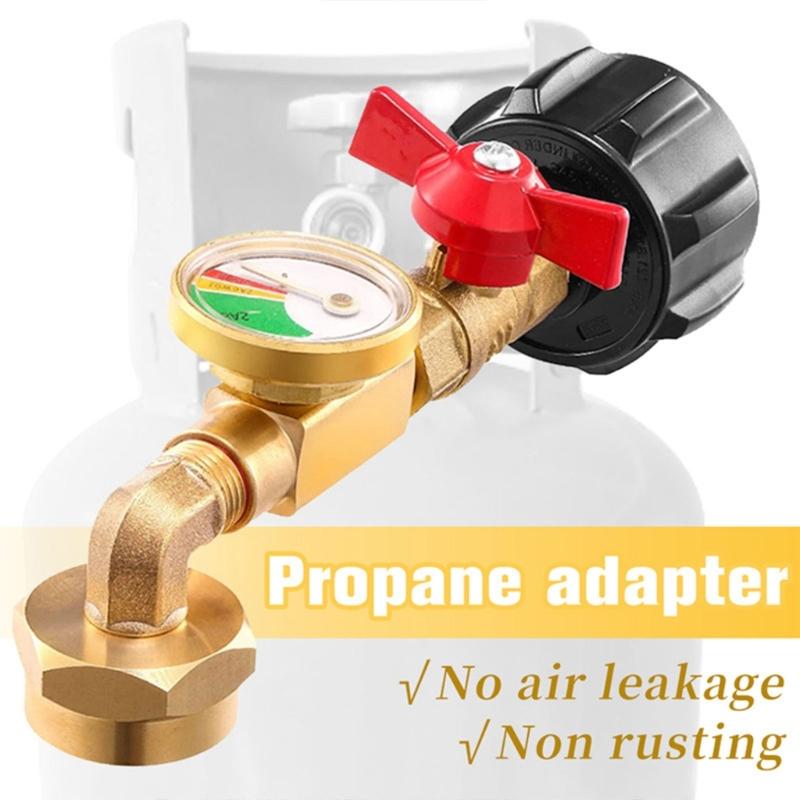 Professional Brass Propane Refill Tool With Gauge 1LB Bottle Adapter Easy Flows 90 Degree Elbow for BBQs & Camp Stove
