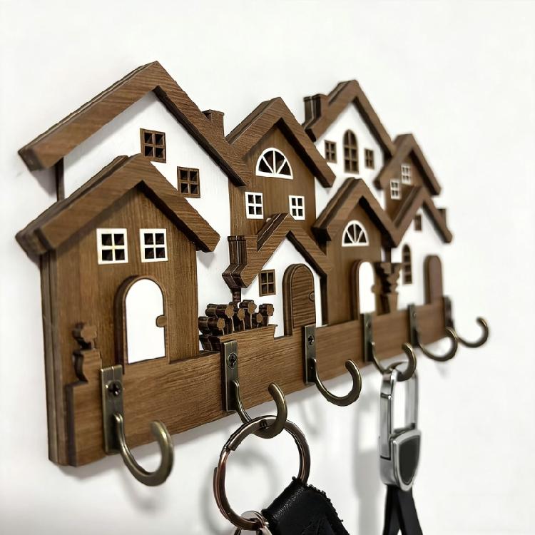 Elegant Decorative Wood 3D House Key Holder Wooden Hanger Wall Mounted Organizer For Home And Offices