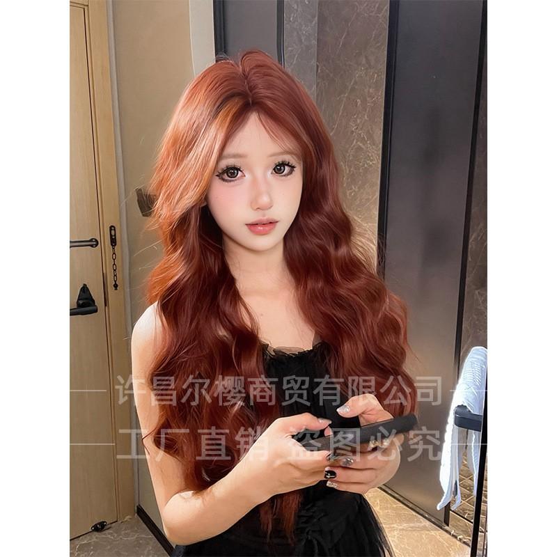 Womens Wig Long Curly Hair Orange Brown Water Wave Natural Realistic Full Lace Daily Use