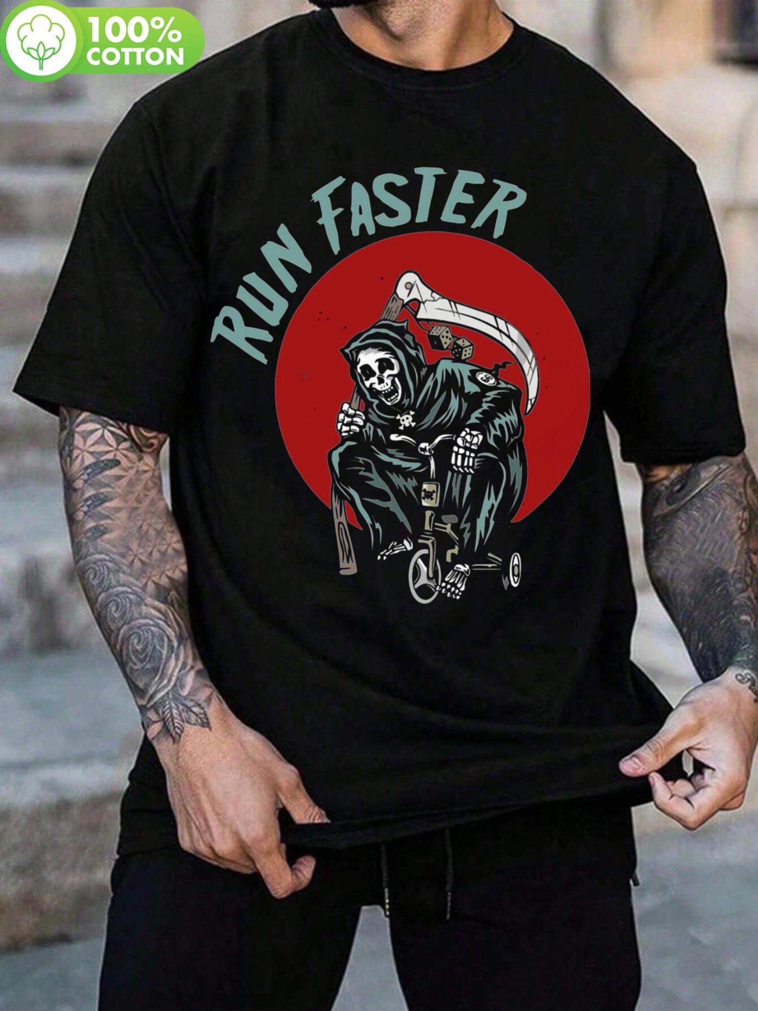 1pc Casual Cotton T-shirt with Run Faster Graphic Print - Black XXL