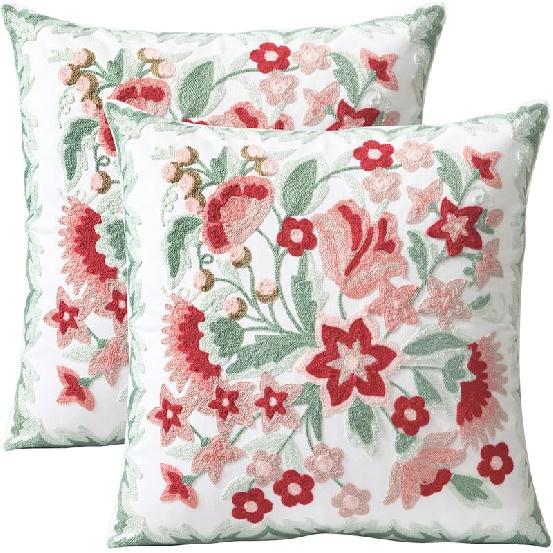 Set of 2 Embroidered Decorative Throw Pillow Covers Couch Square Pillowcases Cushion for Bedroom Sofa Farmhouse Decor 18x18 Inch (Blue Floral)