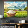 2D Countryside Rice Tapestry, Rural Farm Scene with Mount Fuji and Rice
