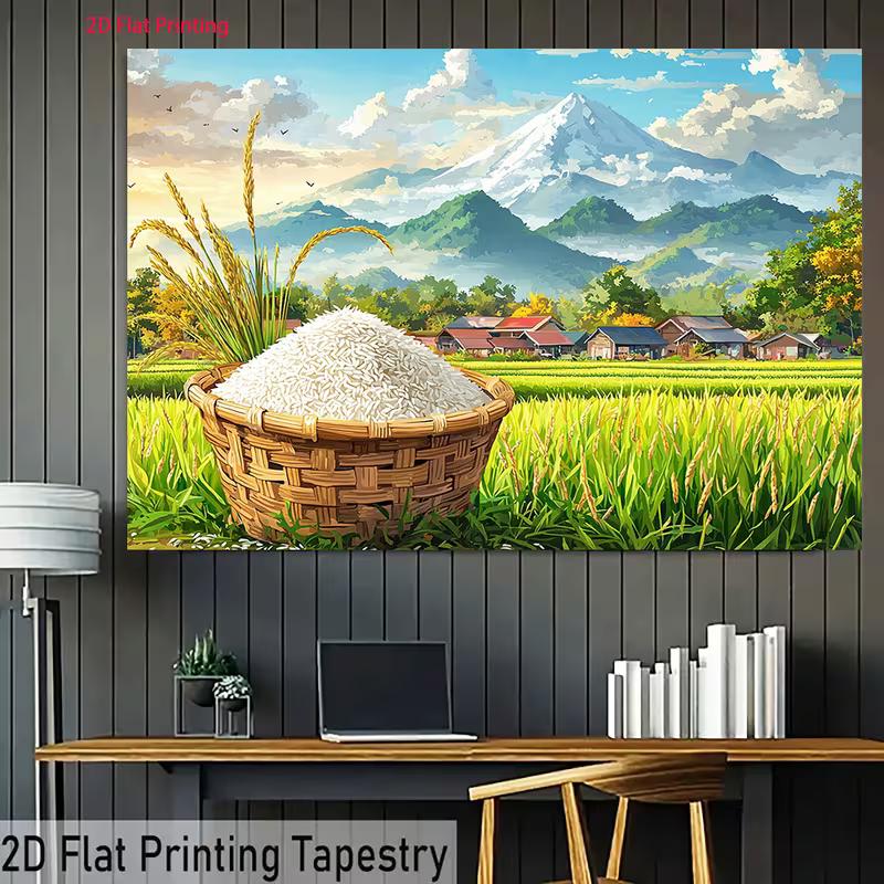 2D Countryside Rice Tapestry, Rural Farm Scene with Mount Fuji and Rice