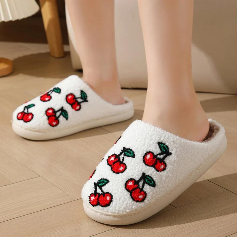 Fashion Cute Cherry Printed Winter Slippers for Women Thick Plush Warm House Shoes Woman Non Slip Comfortable Soft Indoor Slippers 2025