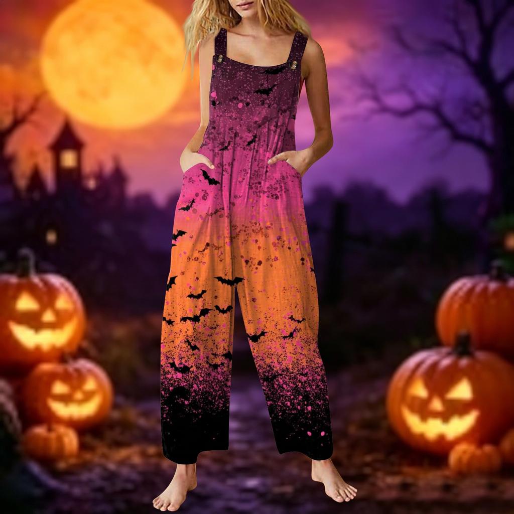 Women's Sleeveless Jumpsuit Cotton Halloween Ghost Print Casual Loose Fit Overall Pants with Pockets Adjustable Straps