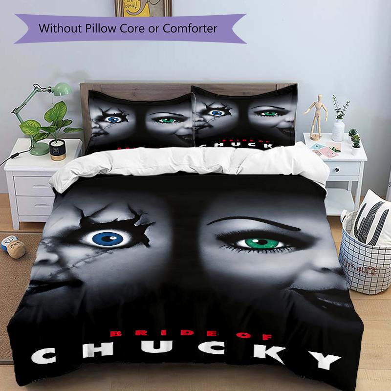 Braut Chucky Horror Print 3-teiliges Bettwäsche-Set Bettbezug mit 2 Kissenbezügen Heim-Geburtstagsgeschenk