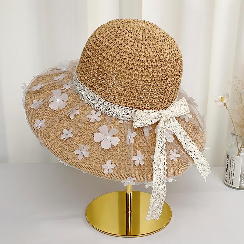 Lace Floral Sun Hat with Bow Hollow Design Breathable Grass Hat Women's Spring Sun Protection and Sunshade Hat